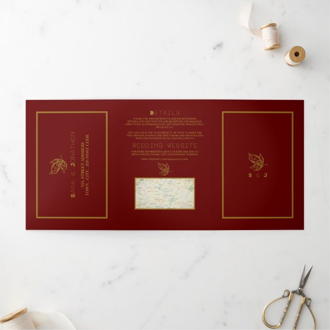 Invitación Tríptica Mariposa dorada, suite Boda roja y dorada (Exterior)