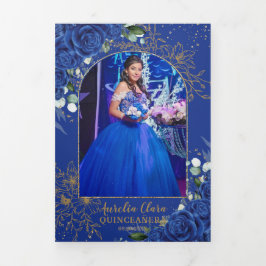 Invitación Tríptica Mariposa floral azul real Quinceañera 15 fotos