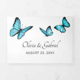 Invitación Tríptica Mariposas azules de lujo. Boda elegante y aireado