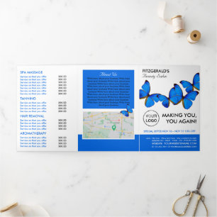 Invitación Tríptica Mariposas Azules, Salón de Belleza Folleto Tripart