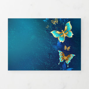 Invitación Tríptica Mariposas doradas sobre fondo azul