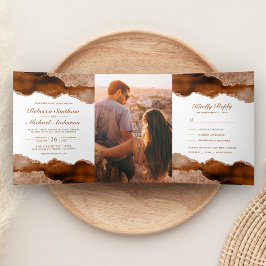 Invitación Tríptica Mármol Ágata Terracota Naranja Quemada Foto Boda