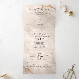 Invitación Tríptica Mármol beige elegante con Boda de Relieve metaliza