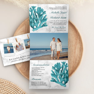 Invitación Tríptica Mármol Blanco Arrecife de coral Verde azulado Boda