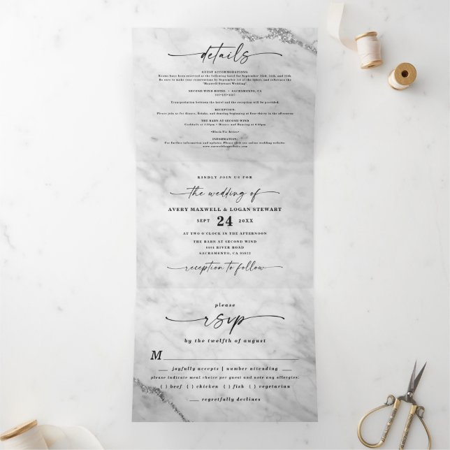 Invitación Tríptica Mármol blanco elegante con Boda de Relieve metaliz (Interior)