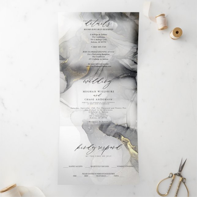 Invitación Tríptica Mármol de boda negro oro Tinta de alcohol de tres  (Interior)