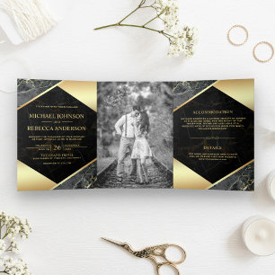 Invitación Tríptica Mármol Gris Carbón Geométrico Dorado Foto Boda