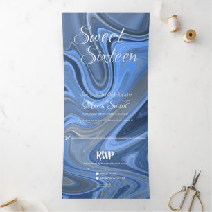 Invitación Tríptica Mármol Líquido Dulce Elegante Agata Azul