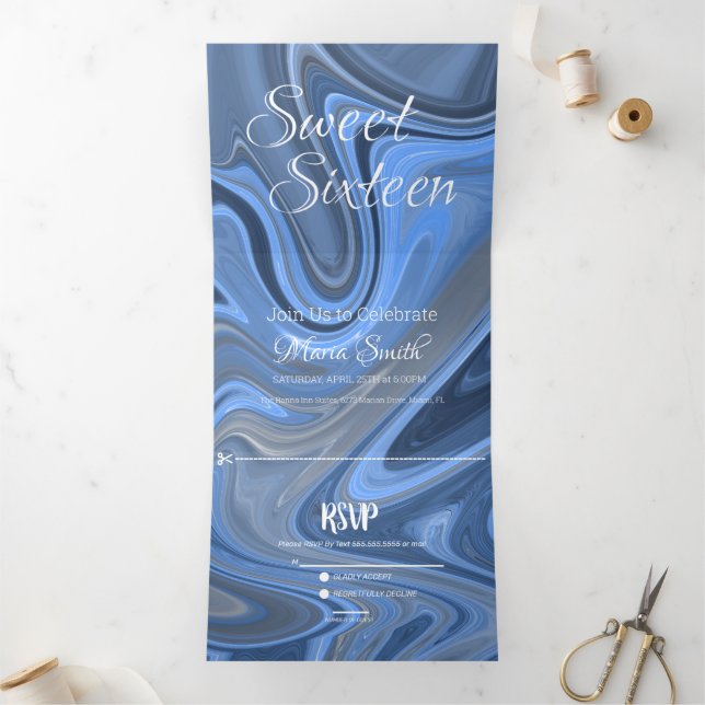 Invitación Tríptica Mármol Líquido Dulce Elegante | Agata Azul (Interior)