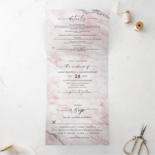 Invitación Tríptica Mármol rosa claro elegante con Boda de Relieve met