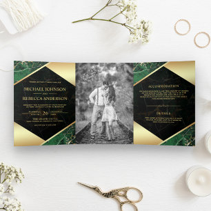 Invitación Tríptica Mármol Verde Esmeralda Geométrico Dorado Foto Boda