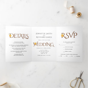 Invitación Tríptica Marrón de ampersand con rosas naranjas cae la boda