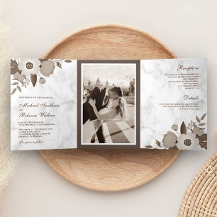 Invitación Tríptica Marrón Sepia Floral Mármol Blanco Foto Boda
