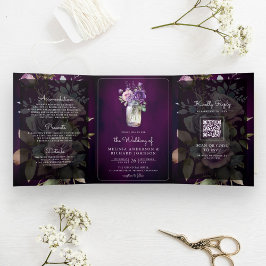 Invitación Tríptica Mason floral morado oscuro Jar Código QR Boda de M