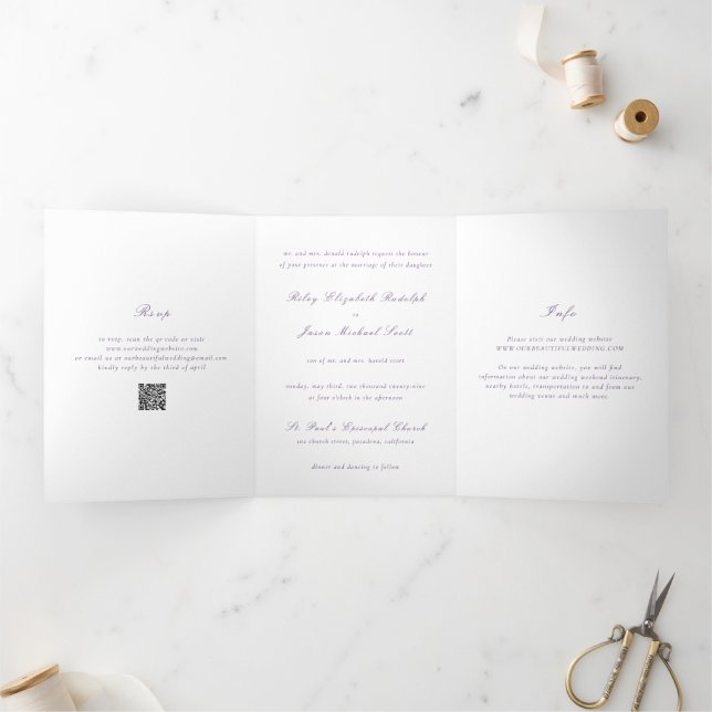 Invitación Tríptica Matrimonio elegante de código QR morado limpio (Interior)
