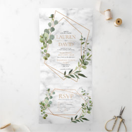 Invitación Tríptica Matrimonio elegante de Eucalipto de Mármol Geométr