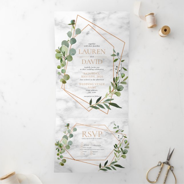 Invitación Tríptica Matrimonio elegante de Eucalipto de Mármol Geométr (Interior)