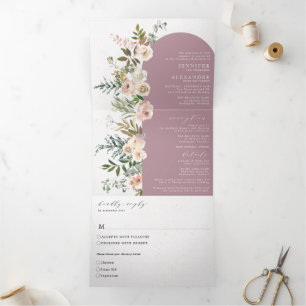 Invitación Tríptica Mauve floral rústica todo en un triple giro Boda