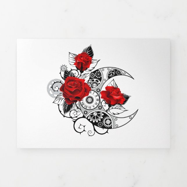 Invitación Tríptica Media luna mecánica con rosas rojas (Foto de portada)