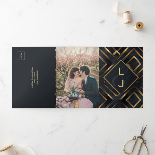 Invitación Tríptica Midnight Modern Gold Boda (Exterior)