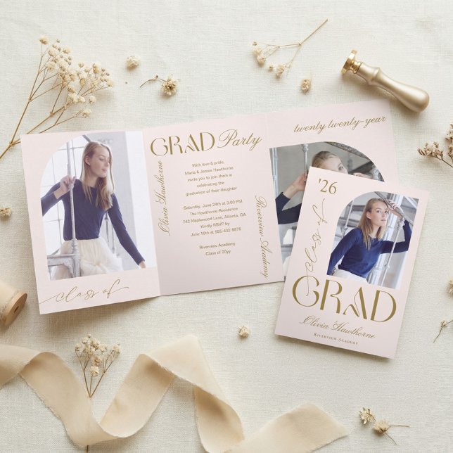 Invitación Tríptica Minimal Arch Grad Photo Collage Graduation Party (Minimal Arch Grad Photo Collage Graduation Party Tri-Fold Invitation)