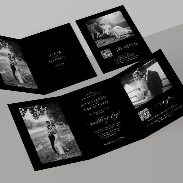 Invitación Tríptica Minimal photo QR code RSVP details black wedding (Subido por el creador)