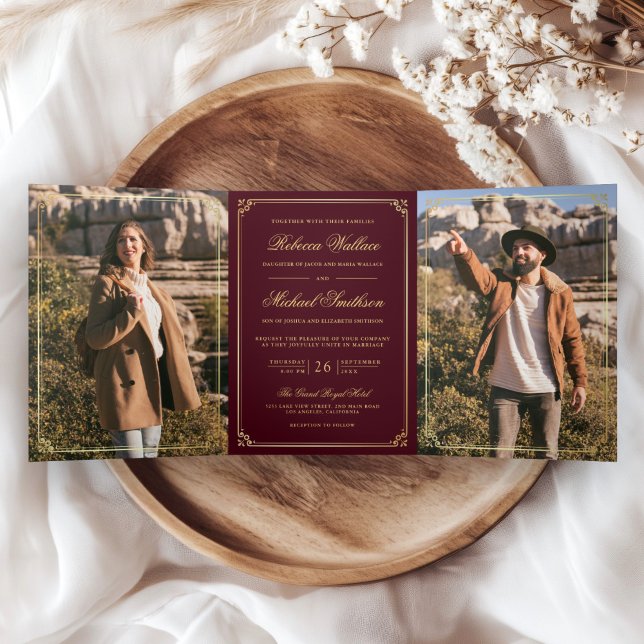 Invitación Tríptica Minimalist Photo Burgundy Gold QR Code Wedding (Subido por el creador)