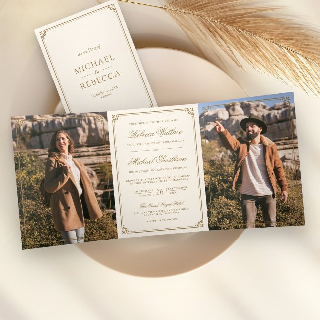 Invitación Tríptica Minimalist Photo Cream Gold QR Code Wedding (Subido por el creador)