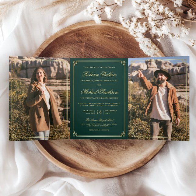 Invitación Tríptica Minimalist Photo Emerald Gold QR Code Wedding (Subido por el creador)