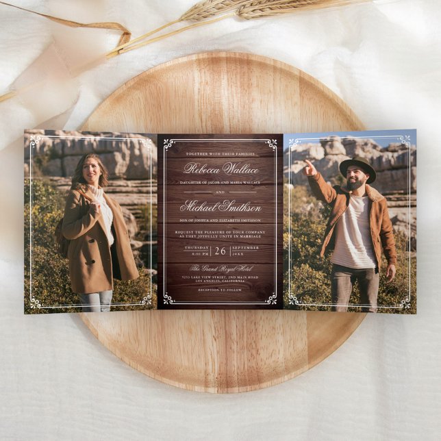 Invitación Tríptica Minimalist Photo Rustic Barn Wood QR Code Wedding (Subido por el creador)