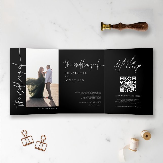 Invitación Tríptica Moda Moderna foto simple Boda blanco y negro (Subido por el creador)