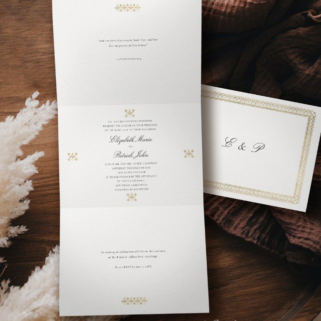 Invitación Tríptica Modern Classic Formal Golden Lys Ivory Wedding (formal traditional wedding invitation modern classic gold ivory deco ballroom all in one trifold)