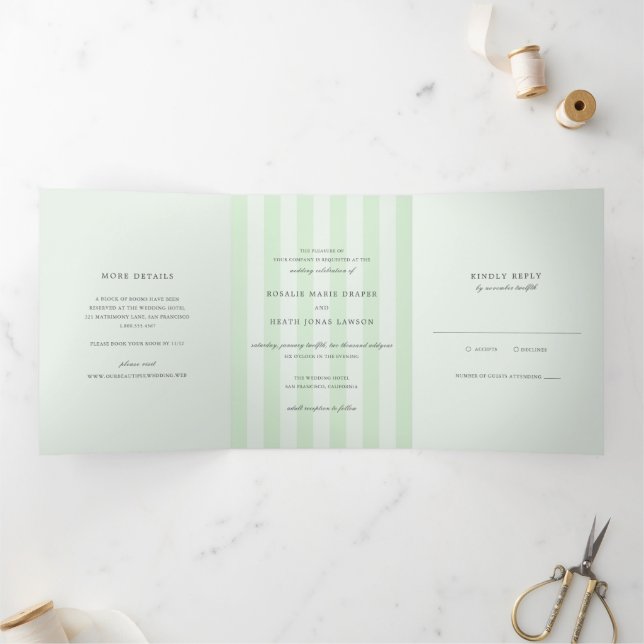 Invitación Tríptica Modern Green Stripes Elegant Wedding (Interior)