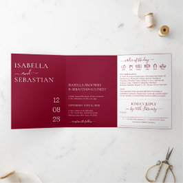 Invitación Tríptica Modern Minimal Burgundy All-in-One Wedding