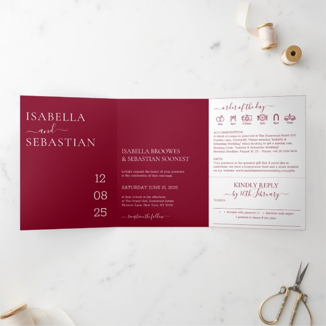Invitación Tríptica Modern Minimal Burgundy All-in-One Wedding (Interior)