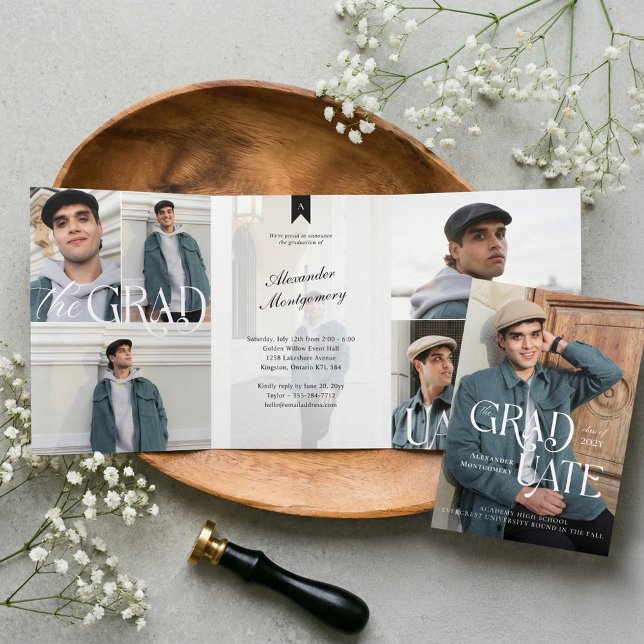 Invitación Tríptica Modern Minimal Trendy Grad Photo Collage Graduate (Modern Minimal Trendy Grad Photo Collage Graduate Tri-Fold Invitation)