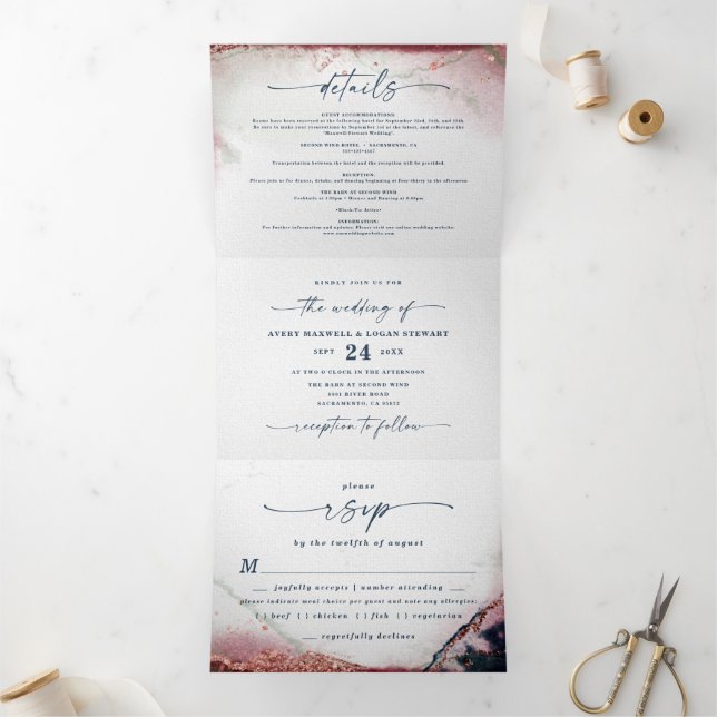Invitación Tríptica Moderna acuarela abstracta borgoña y Boda de la Ma (Interior)