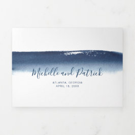 Invitación Tríptica Moderna acuarela azul de la Marina Elegante Boda