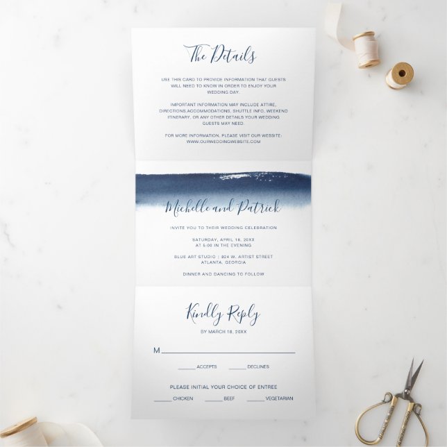 Invitación Tríptica Moderna acuarela azul de la Marina Elegante Boda (Interior)