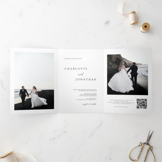 Invitación Tríptica Moderna boda simple RSVP Detalles del código QR Fo (Interior)