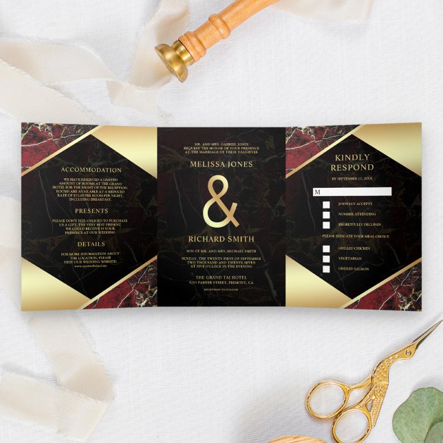 Invitación Tríptica Moderna burgundy Red Gold Marble Ampersand y Boda (Subido por el creador)