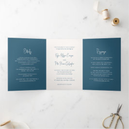 Invitación Tríptica Moderna Caligrafía Manuscrita Azul Elegante Boda