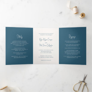 Invitación Tríptica Moderna Caligrafía Manuscrita Azul Elegante Boda