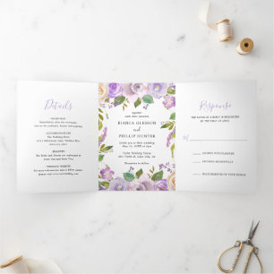 Invitación Tríptica Moderna Lavanda Morado Floral Elegante Boda