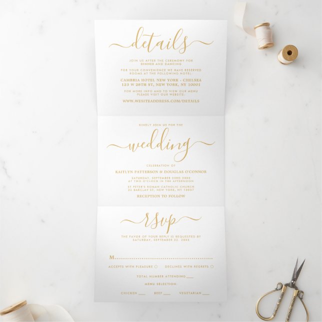 Invitación Tríptica Moderna suite Boda de guiones sencillos dorados y  (Interior)