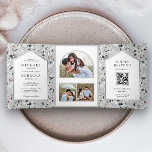 Invitación Tríptica Moderna Terrazzo Tile Gris Foto Boda de código QR