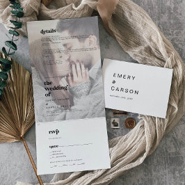 Invitación Tríptica Moderna tipografía negra Boda de nombres de foto f
