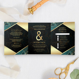 Invitación Tríptica Moderna Verde azulada Marble de Oro Ampersand y Bo
