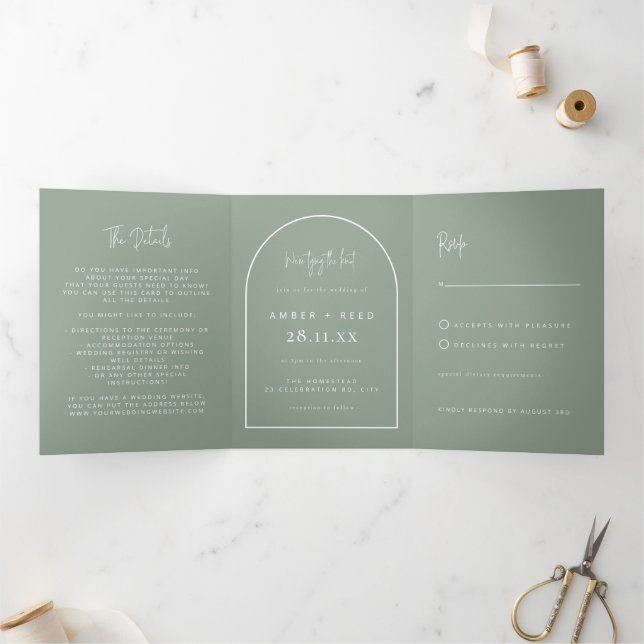 Invitación Tríptica Moderno Arco de ligado Knot Boda Sage Green Script (Interior)
