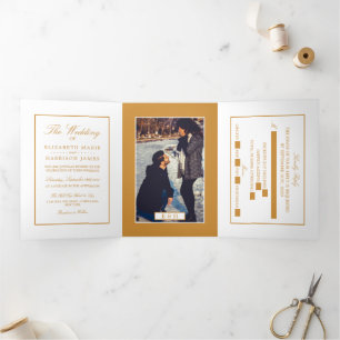 Invitación Tríptica Moderno blanco y oro, suite Boda